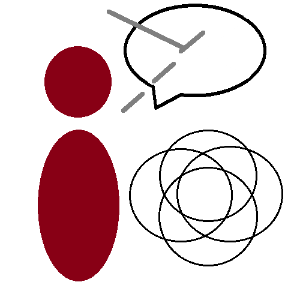  An abstract red person with a speech bubble, which has the left half of an X across it. The upper line of this partial X is solid, while the bottom line is dashed and the plural rings underneath.